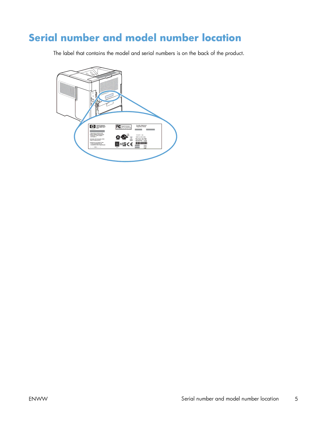 HP 600 M603XH Laser CE996A#BGJ manual Serial number and model number location 