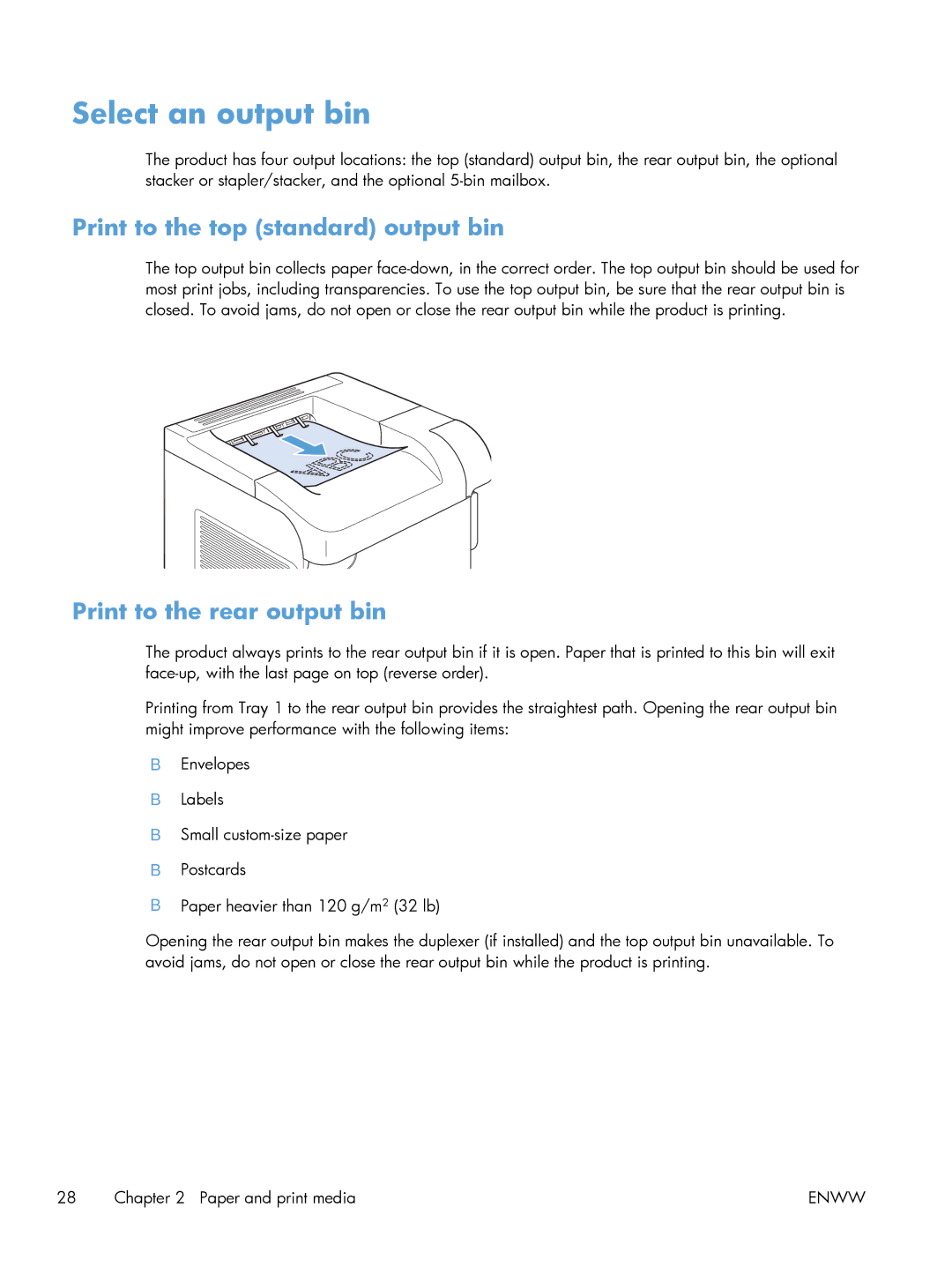 HP 600 M603XH Laser CE996A#BGJ Select an output bin, Print to the top standard output bin, Print to the rear output bin 