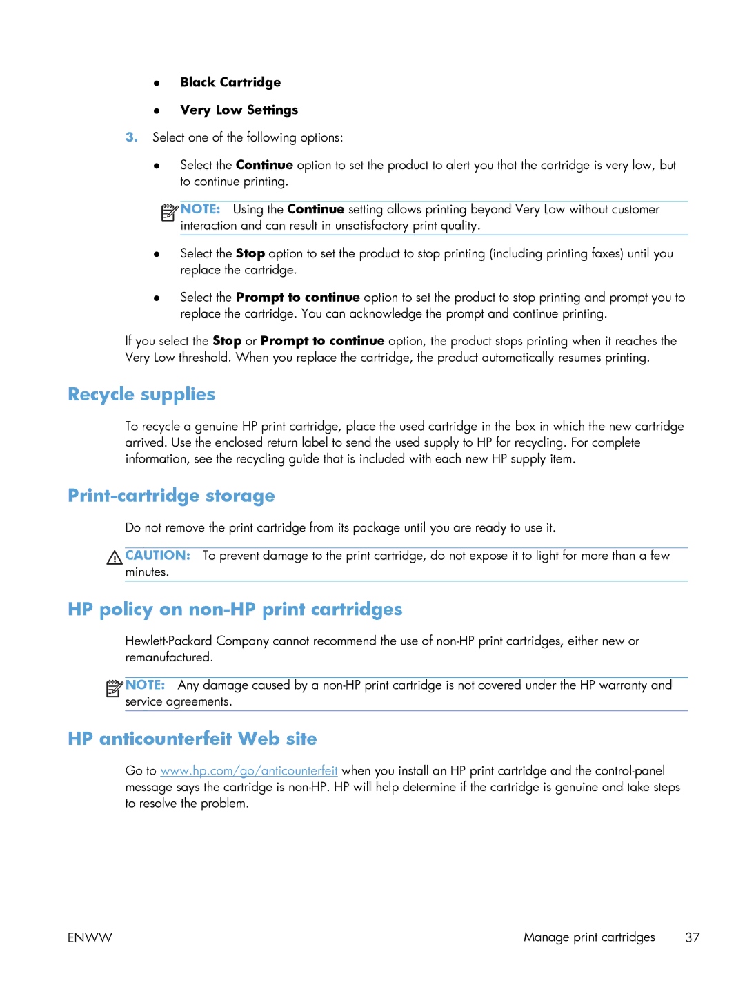 HP 600 M603XH Laser CE996A#BGJ manual Recycle supplies, Print-cartridge storage, HP policy on non-HP print cartridges 