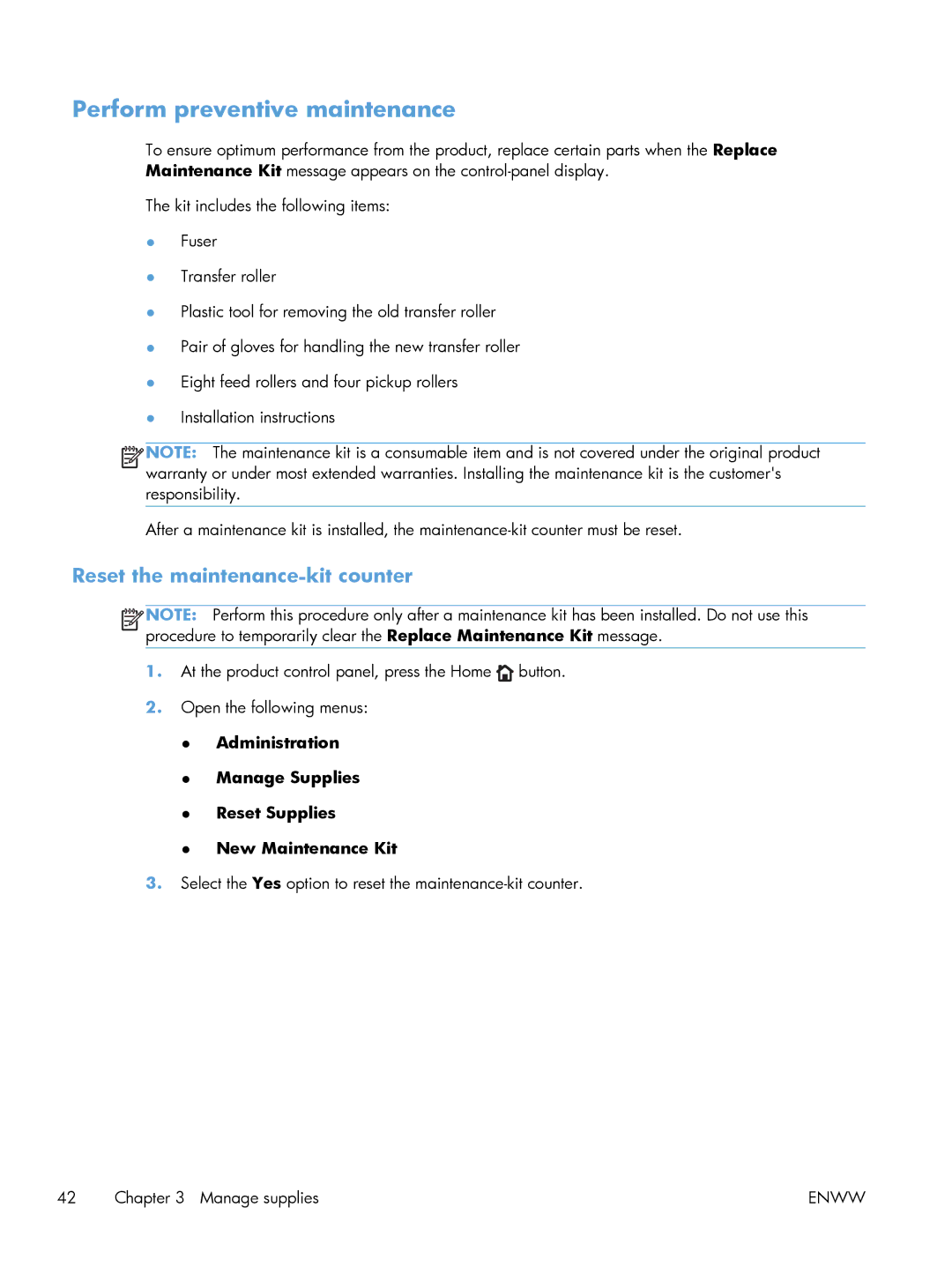 HP 600 M603XH Laser CE996A#BGJ manual Perform preventive maintenance, Reset the maintenance-kit counter 