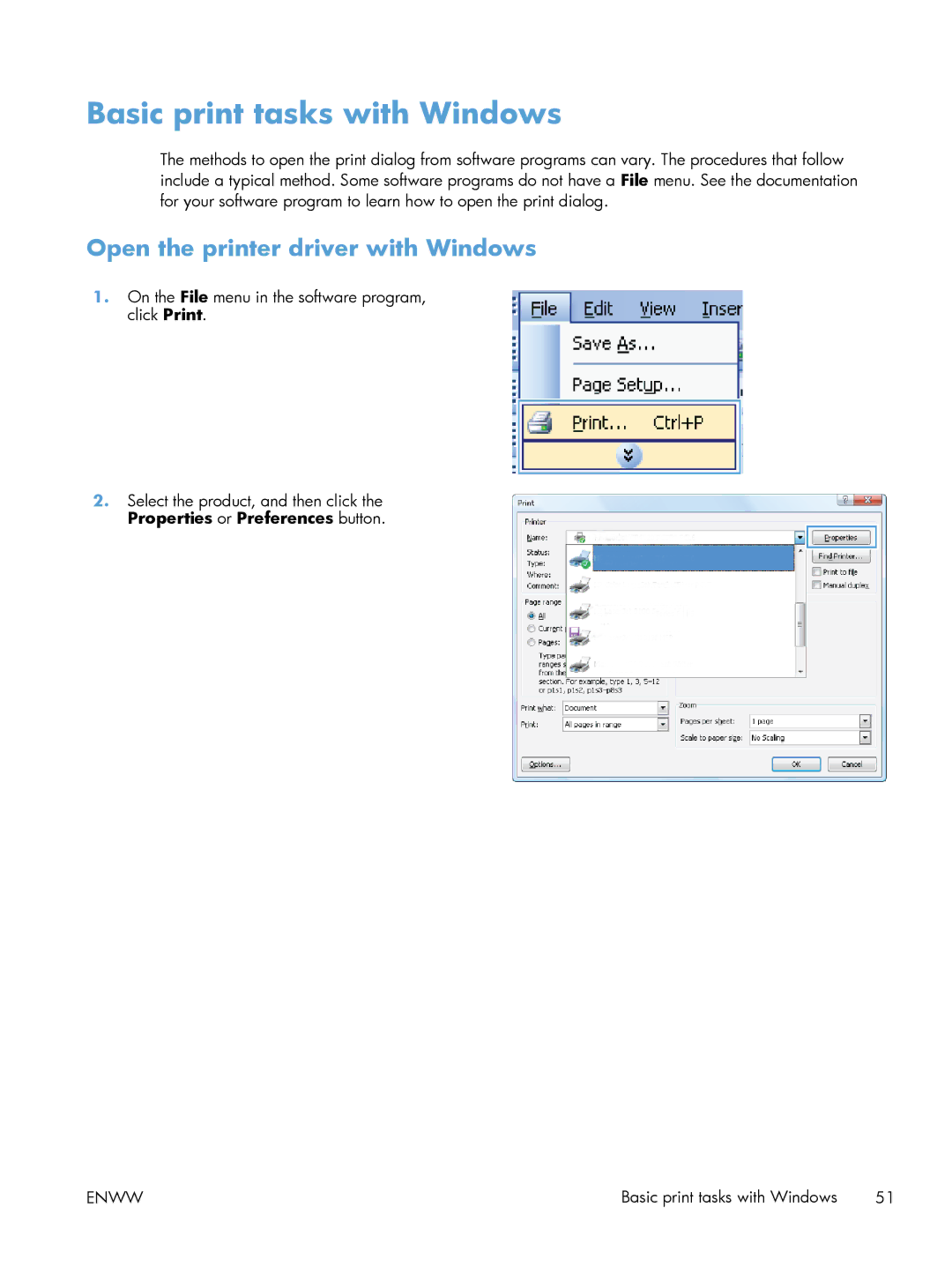 HP 600 M603XH Laser CE996A#BGJ manual Basic print tasks with Windows, Open the printer driver with Windows 