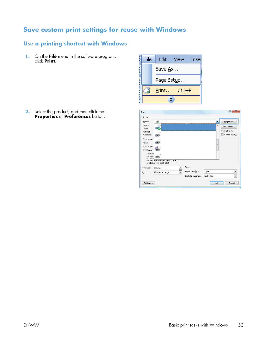 HP 600 M603XH Laser CE996A#BGJ Save custom print settings for reuse with Windows, Use a printing shortcut with Windows 