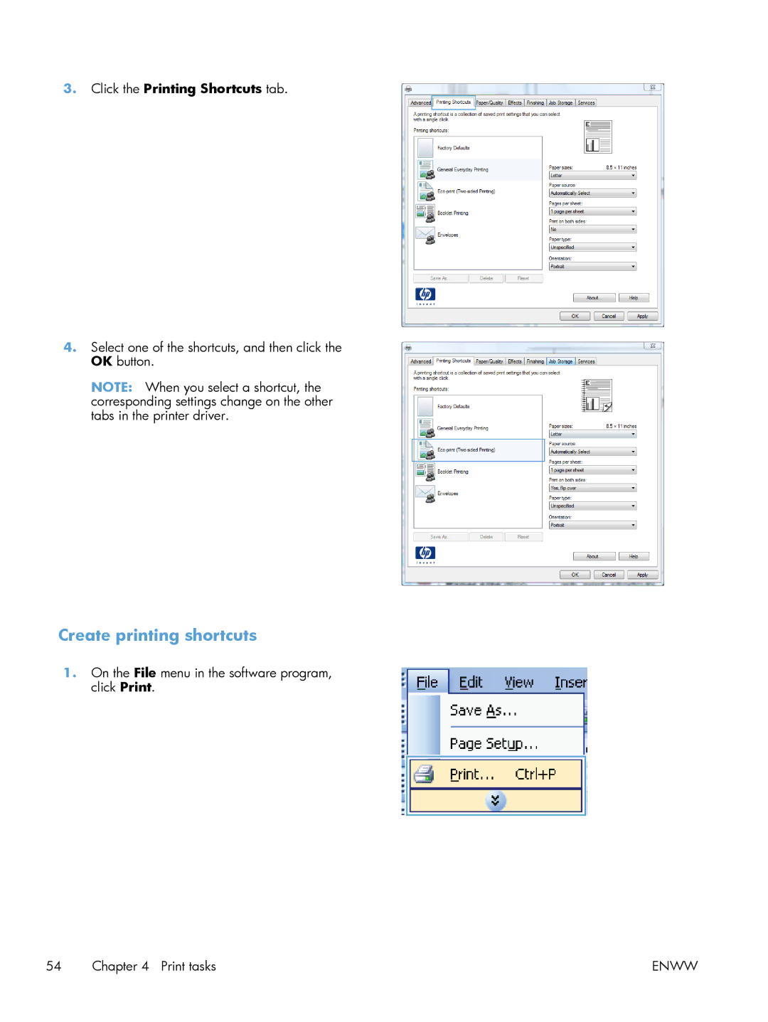 HP 600 M603XH Laser CE996A#BGJ manual Create printing shortcuts 