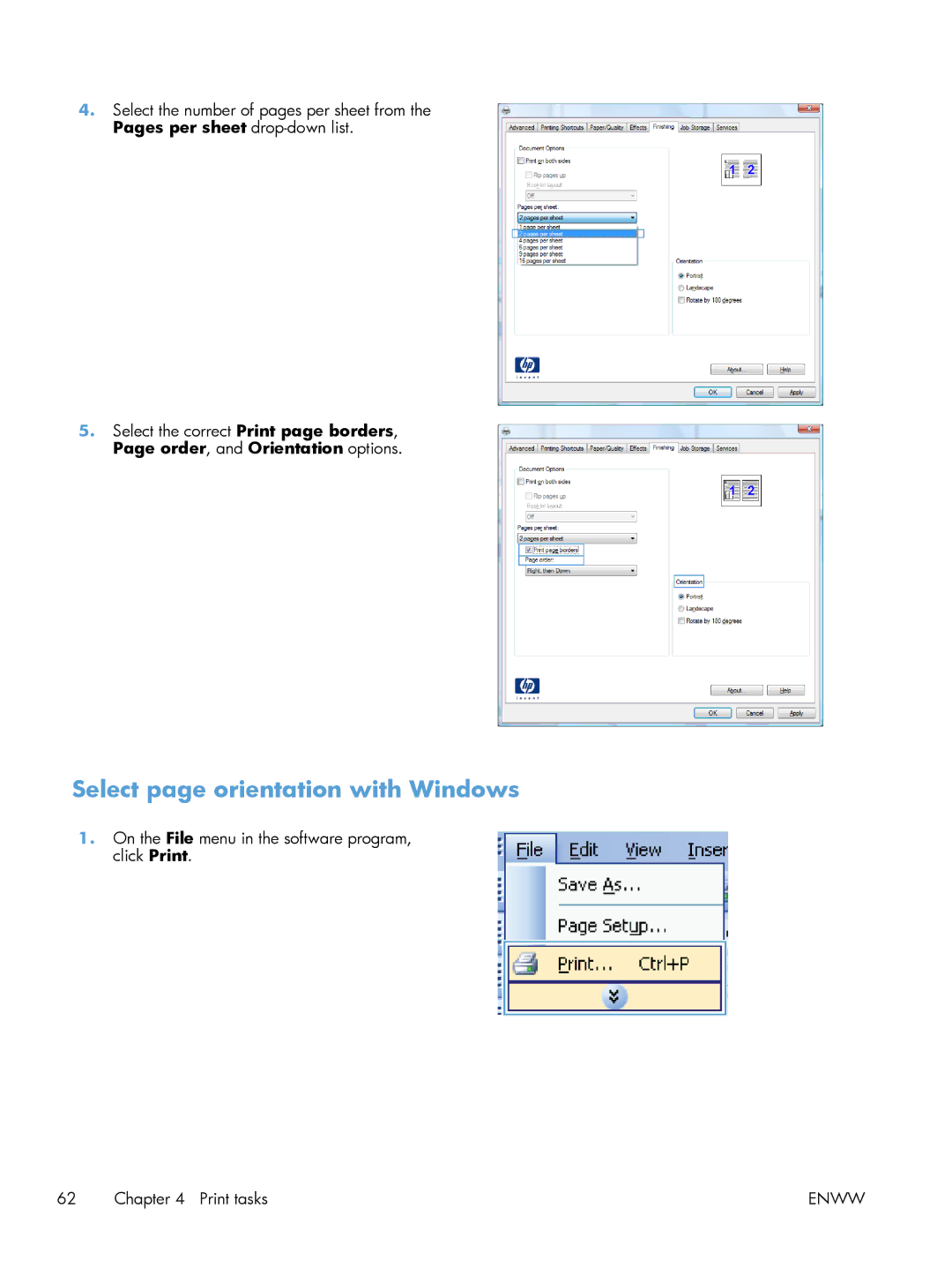 HP 600 M603XH Laser CE996A#BGJ manual Select page orientation with Windows 