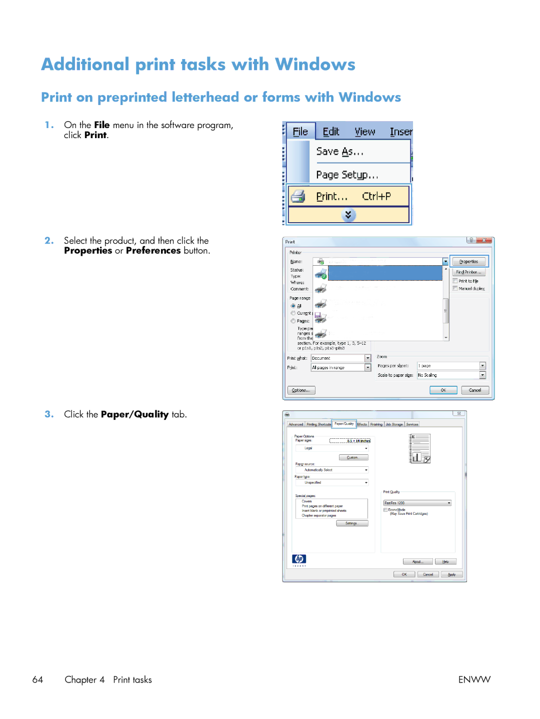 HP 600 M603XH Laser CE996A#BGJ Additional print tasks with Windows, Print on preprinted letterhead or forms with Windows 