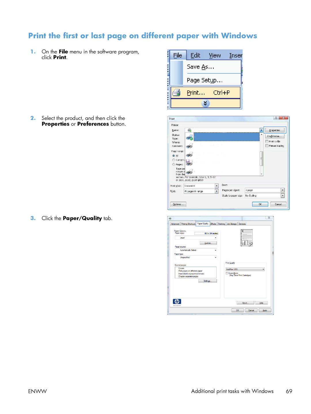 HP 600 M603XH Laser CE996A#BGJ manual Print the first or last page on different paper with Windows 