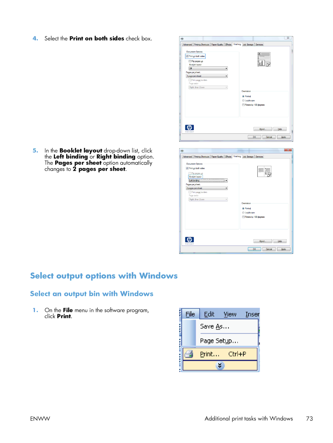 HP 600 M603XH Laser CE996A#BGJ manual Select output options with Windows, Select an output bin with Windows 