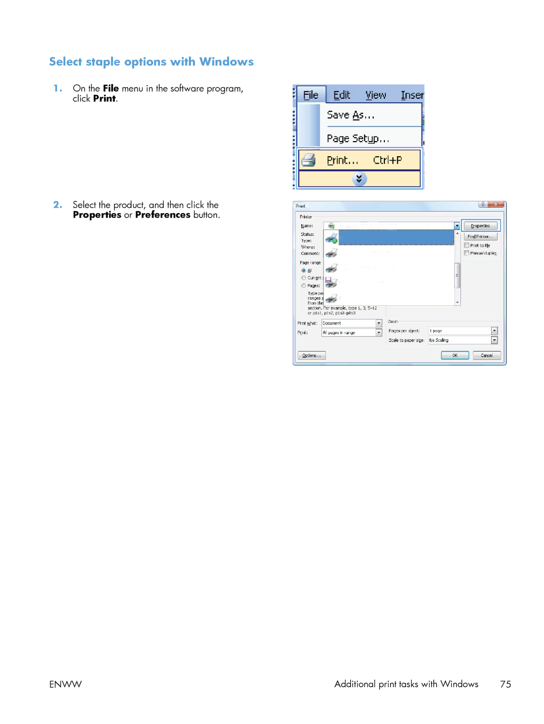 HP 600 M603XH Laser CE996A#BGJ manual Select staple options with Windows 