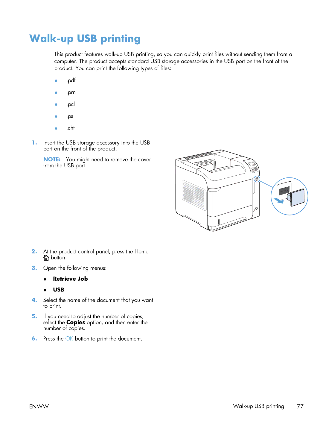 HP 600 M603XH Laser CE996A#BGJ manual Walk-up USB printing, Usb 