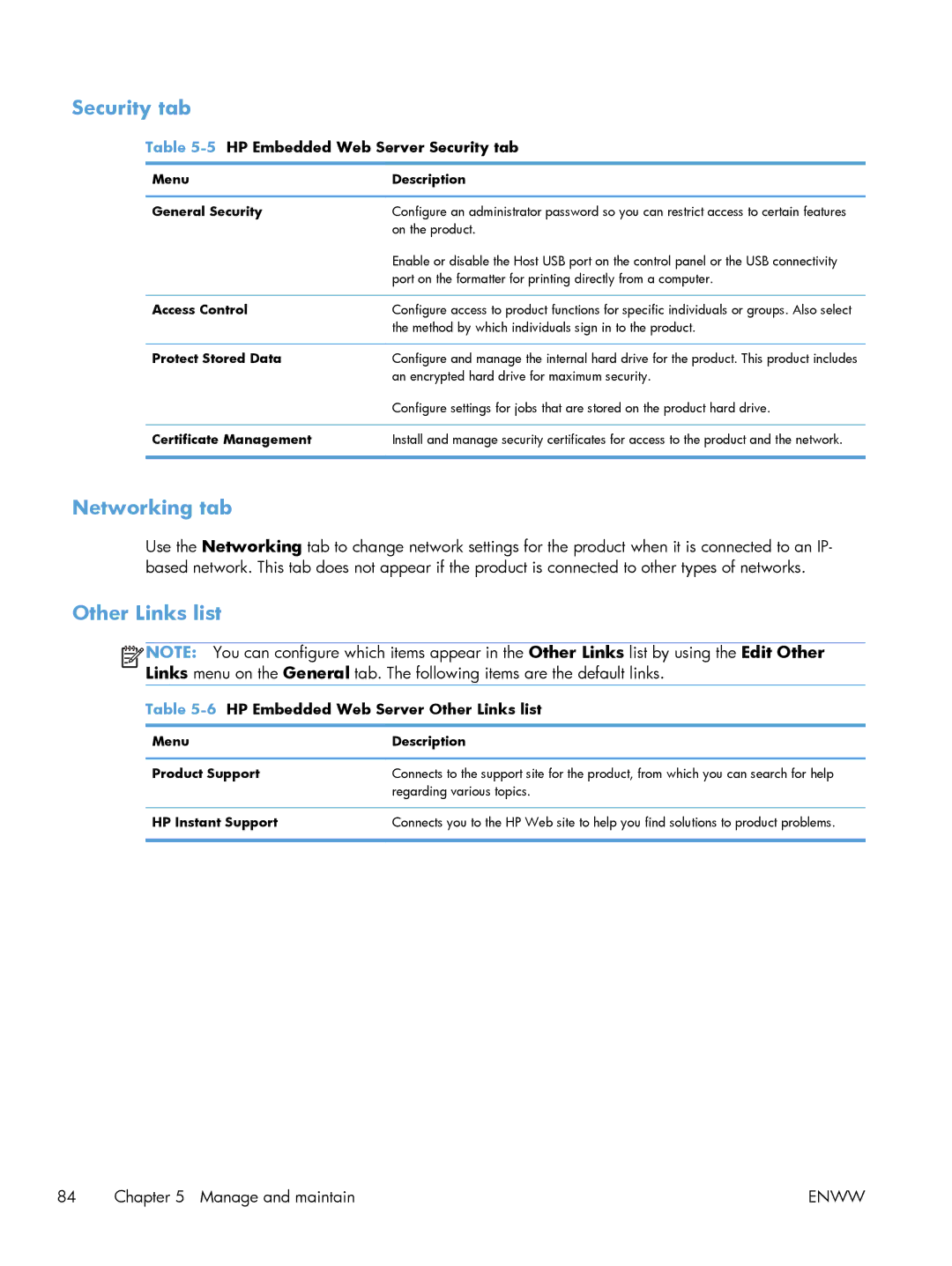 HP 600 M603XH Laser CE996A#BGJ manual Security tab, Networking tab, Other Links list 