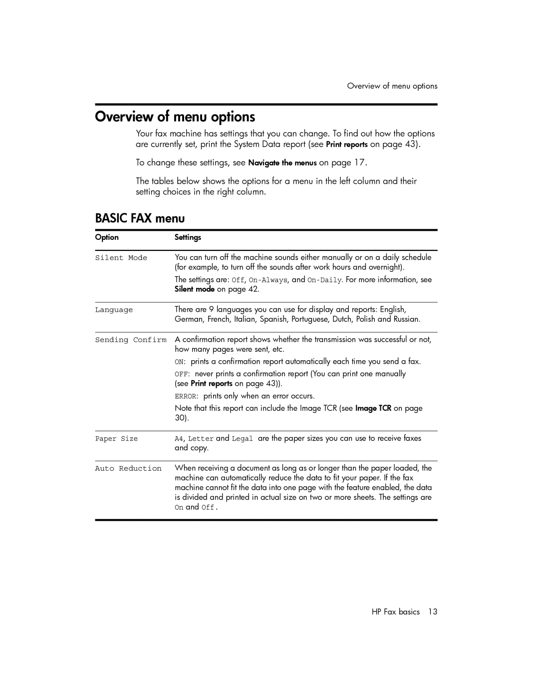 HP 600 manual Overview of menu options, Basic FAX menu 