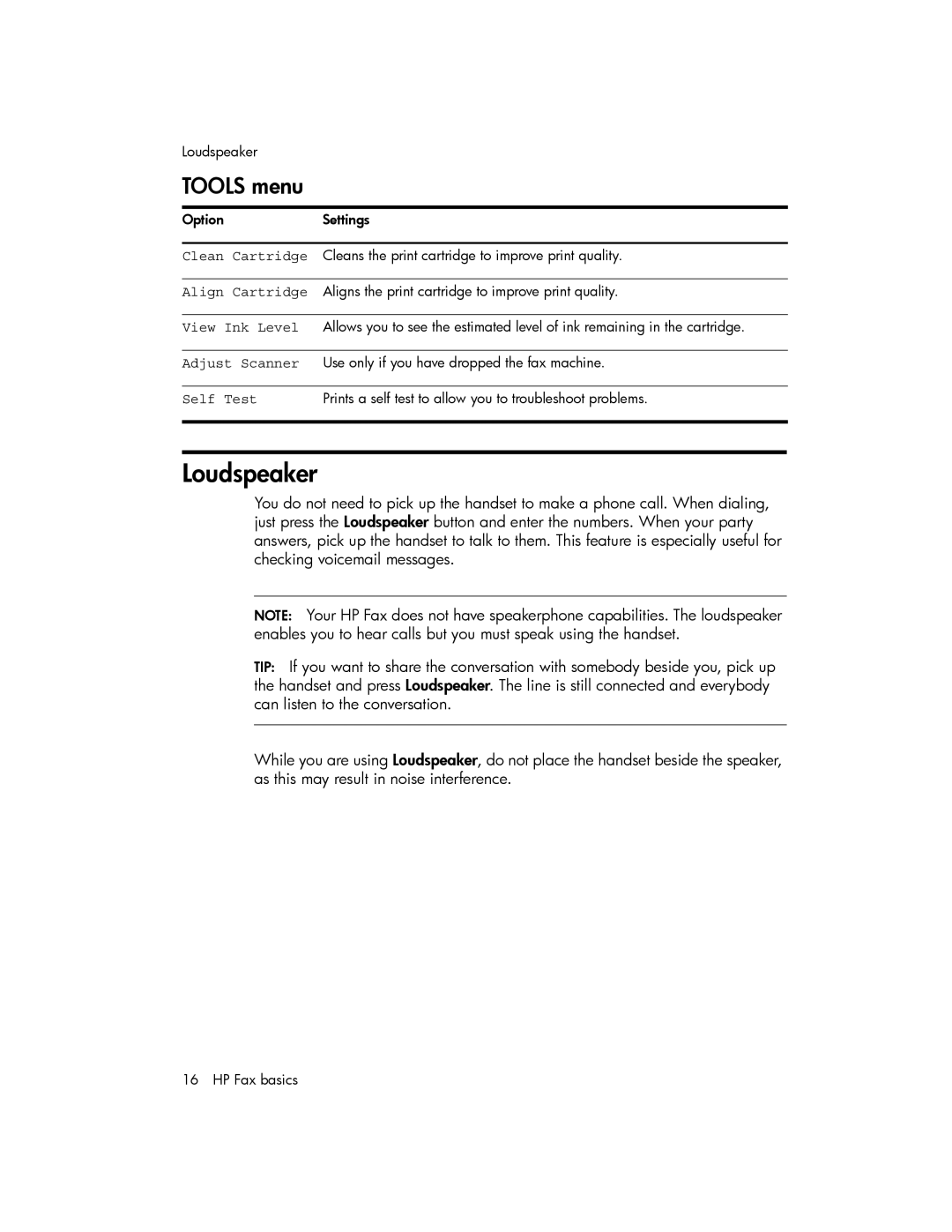 HP 600 manual Loudspeaker, Tools menu 