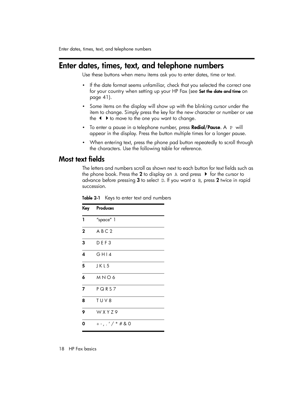 HP 600 manual Enter dates, times, text, and telephone numbers, Most text fields 