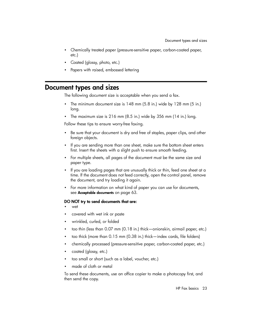 HP 600 manual Document types and sizes 