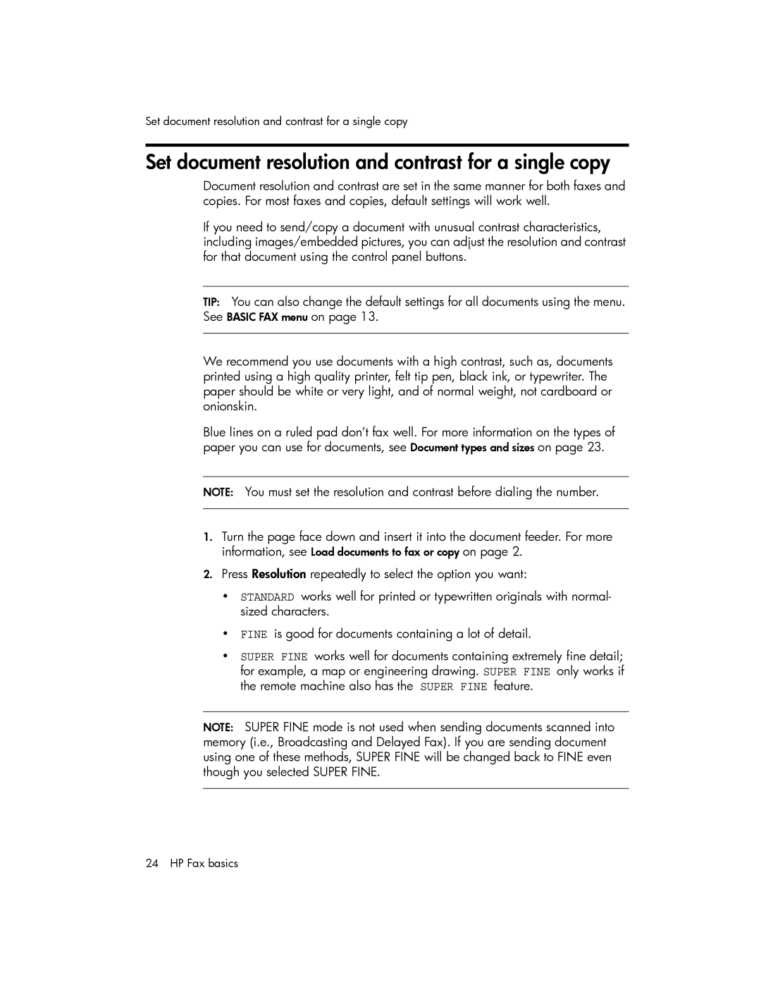 HP 600 manual Set document resolution and contrast for a single copy 