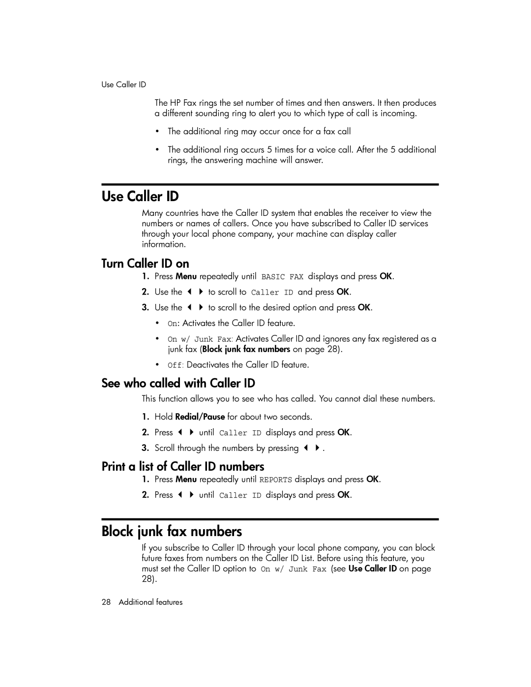 HP 600 manual Use Caller ID, Block junk fax numbers, Turn Caller ID on, See who called with Caller ID 