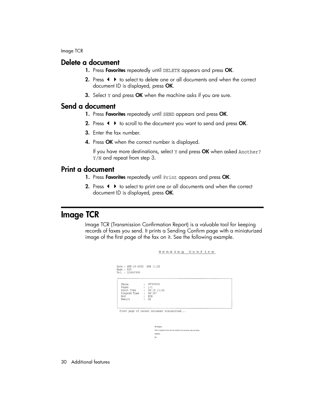 HP 600 manual Image TCR, Delete a document, Send a document, Print a document 