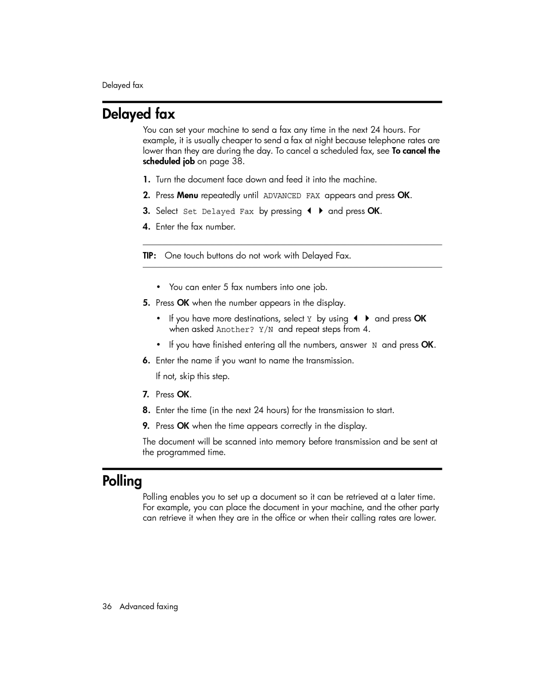 HP 600 manual Delayed fax, Polling 