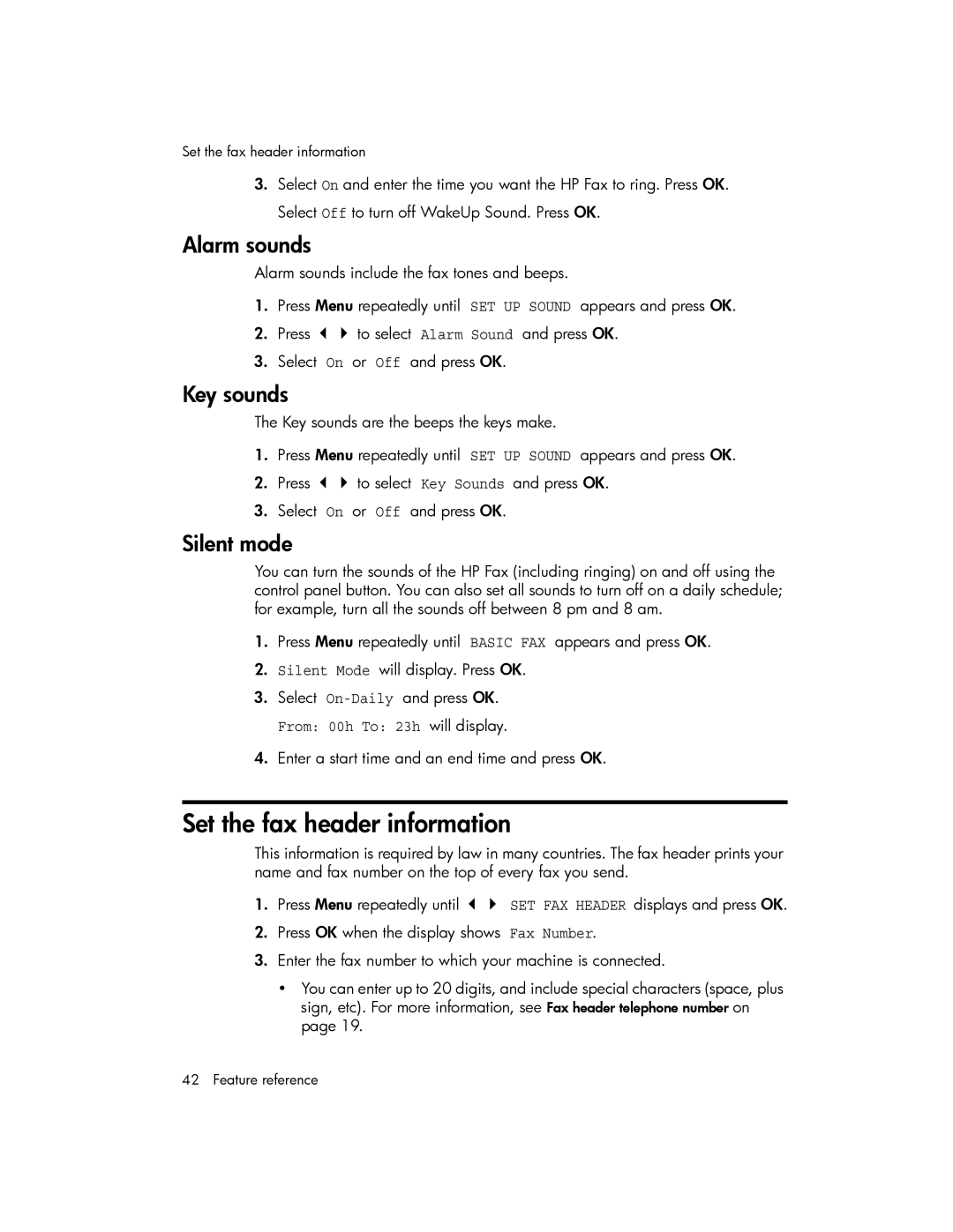 HP 600 manual Set the fax header information, Alarm sounds, Key sounds, Silent mode 