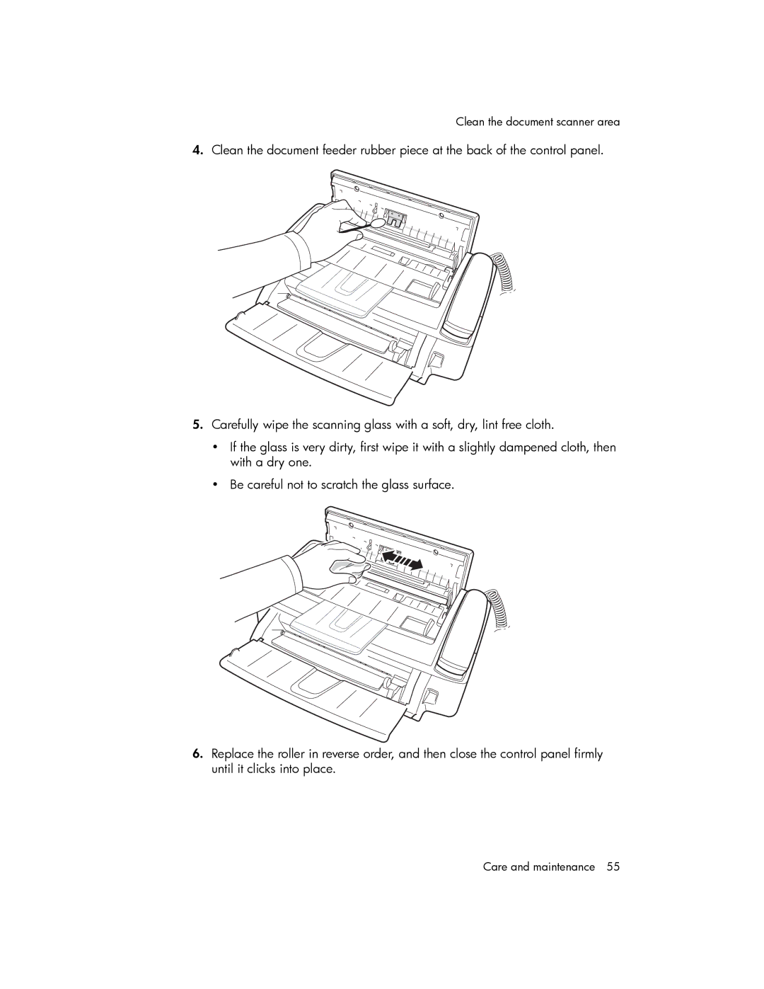 HP 600 manual Clean the document scanner area 