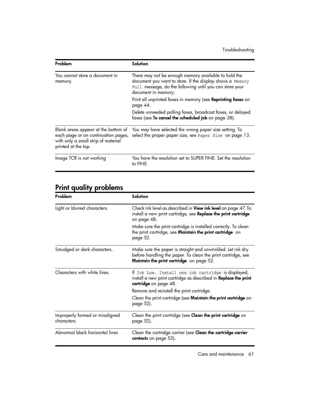 HP 600 manual Print quality problems, Problem Solution Light or blurred characters 