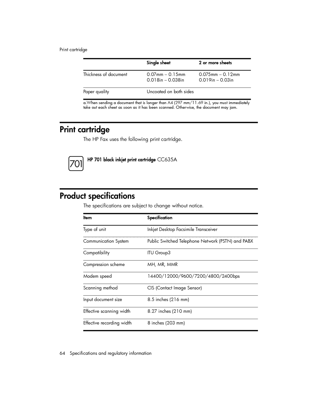 HP 600 manual Print cartridge, Product specifications 