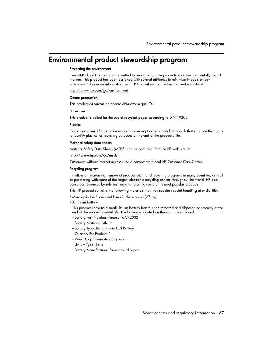 HP 600 manual Environmental product stewardship program 