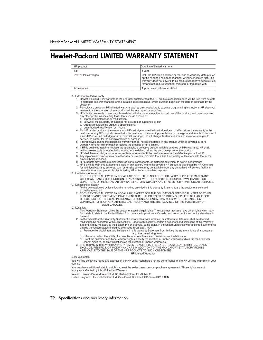 HP 600 manual Hewlett-Packard Limited Warranty Statement, HP product Duration of limited warranty 