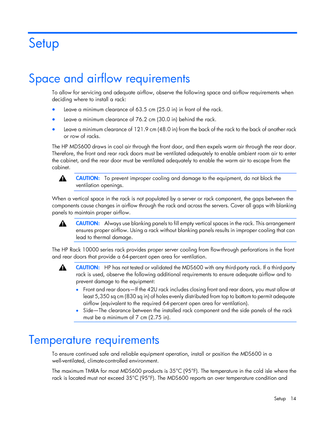 HP 600 manual Setup, Space and airflow requirements, Temperature requirements 