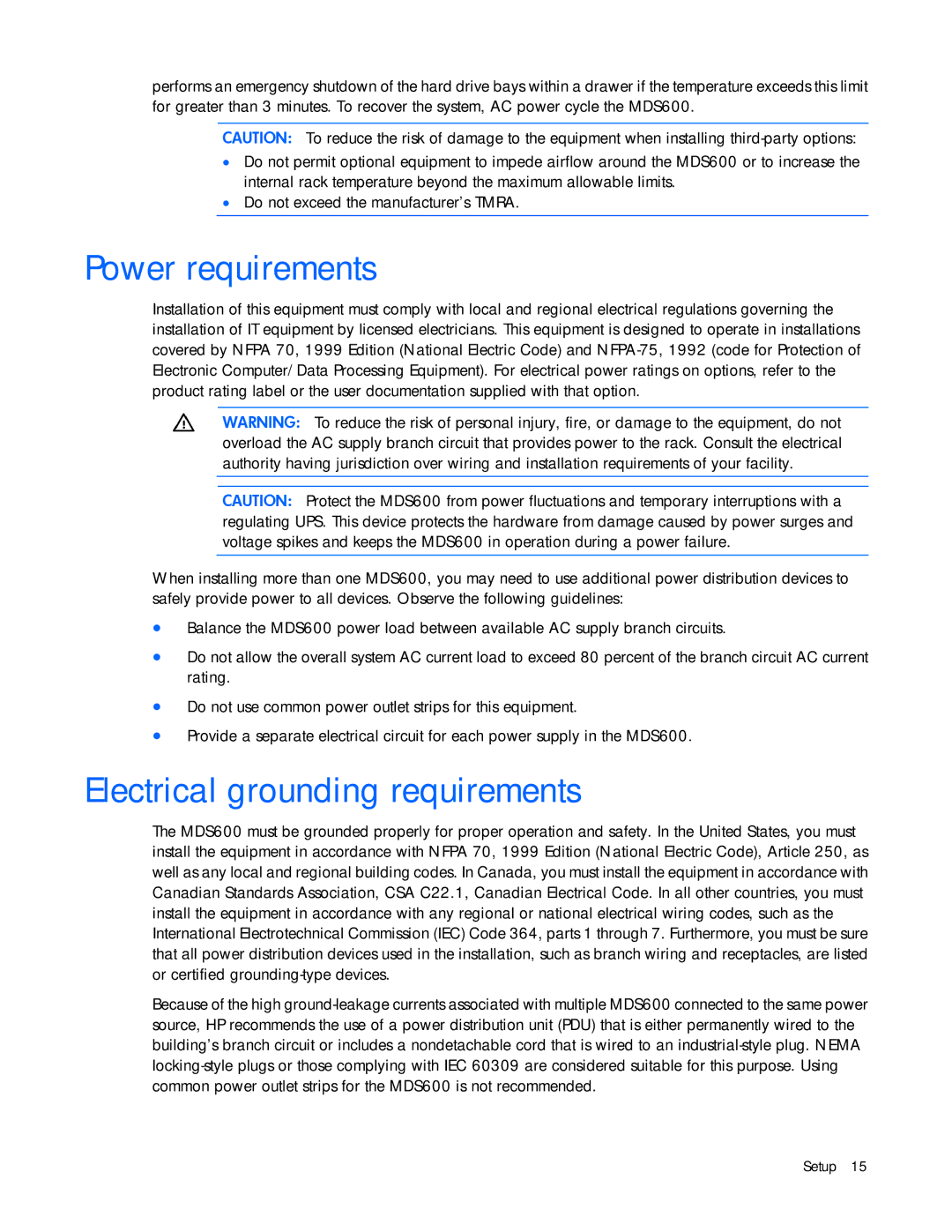 HP 600 manual Power requirements, Electrical grounding requirements 