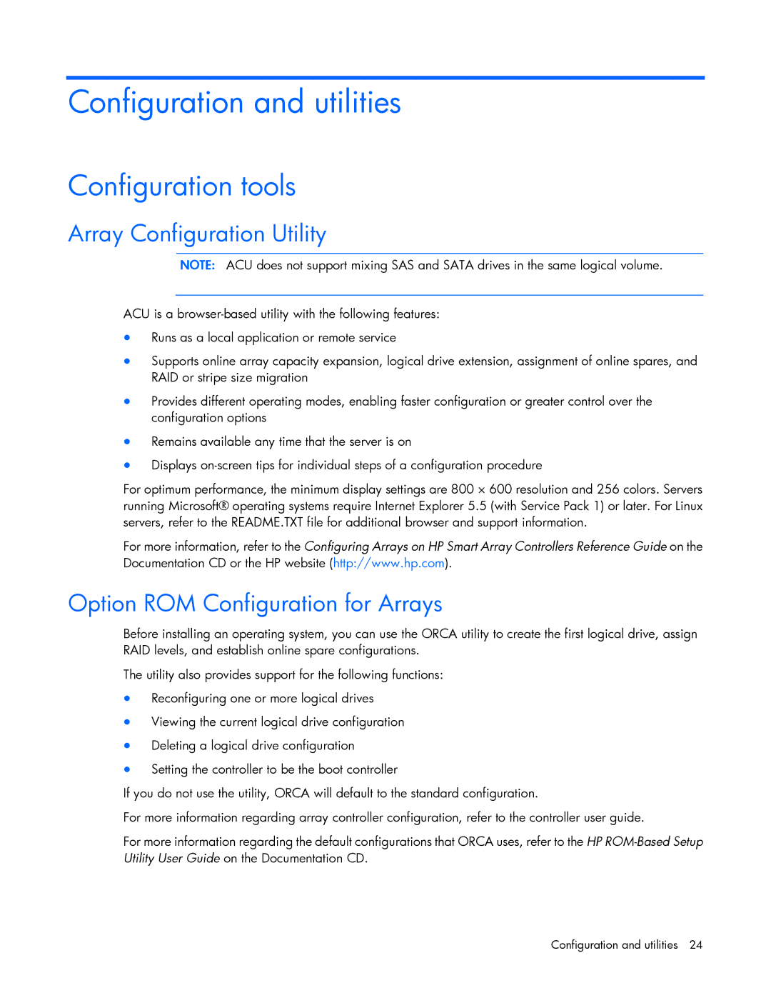 HP 600 Configuration and utilities, Configuration tools, Array Configuration Utility, Option ROM Configuration for Arrays 