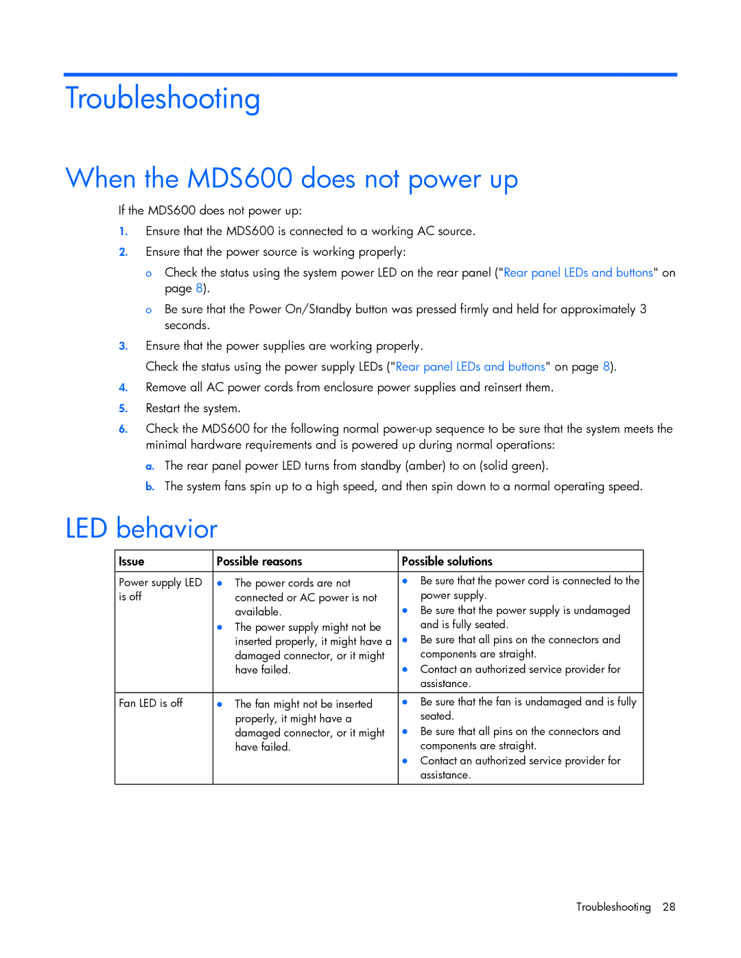 HP manual Troubleshooting, When the MDS600 does not power up, LED behavior 