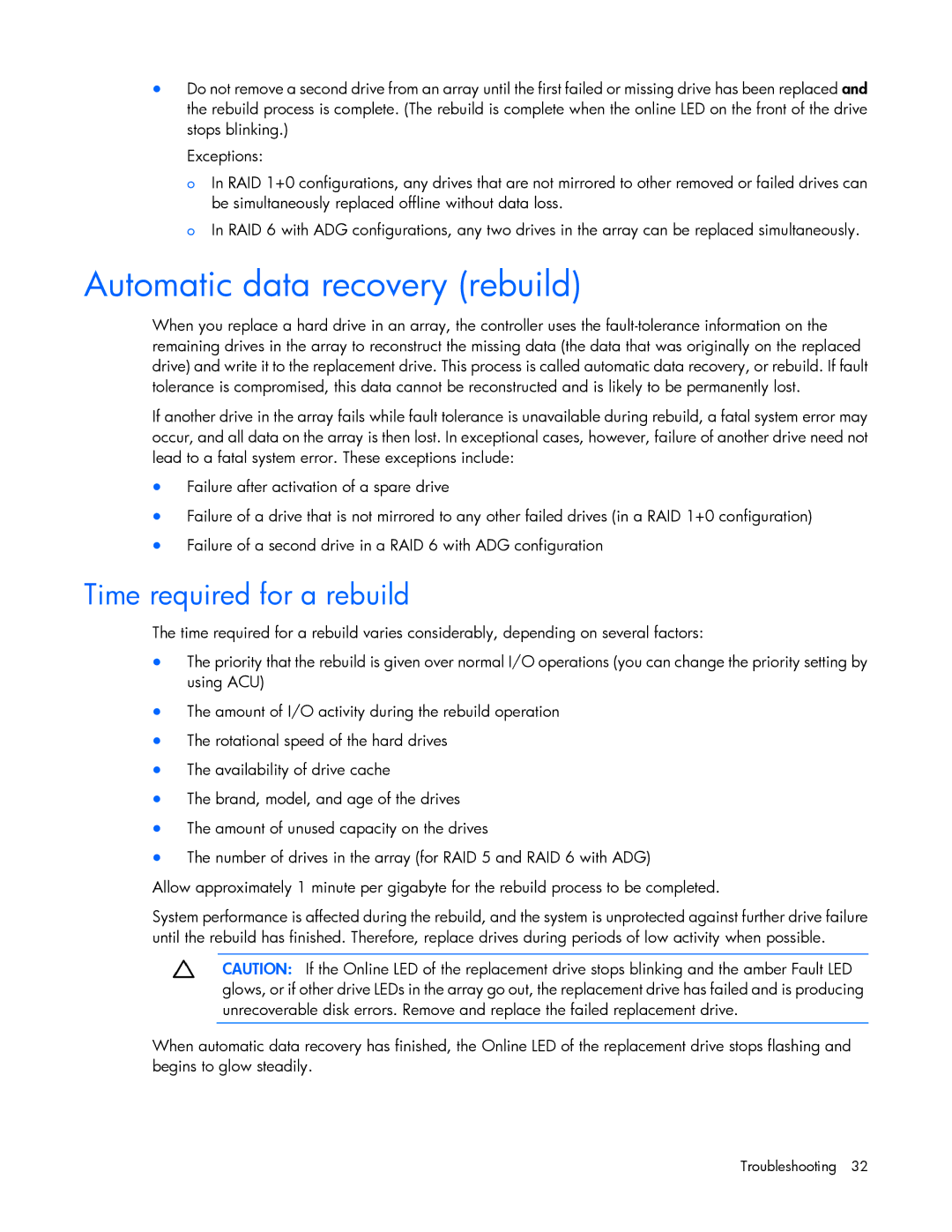 HP 600 manual Automatic data recovery rebuild, Time required for a rebuild 