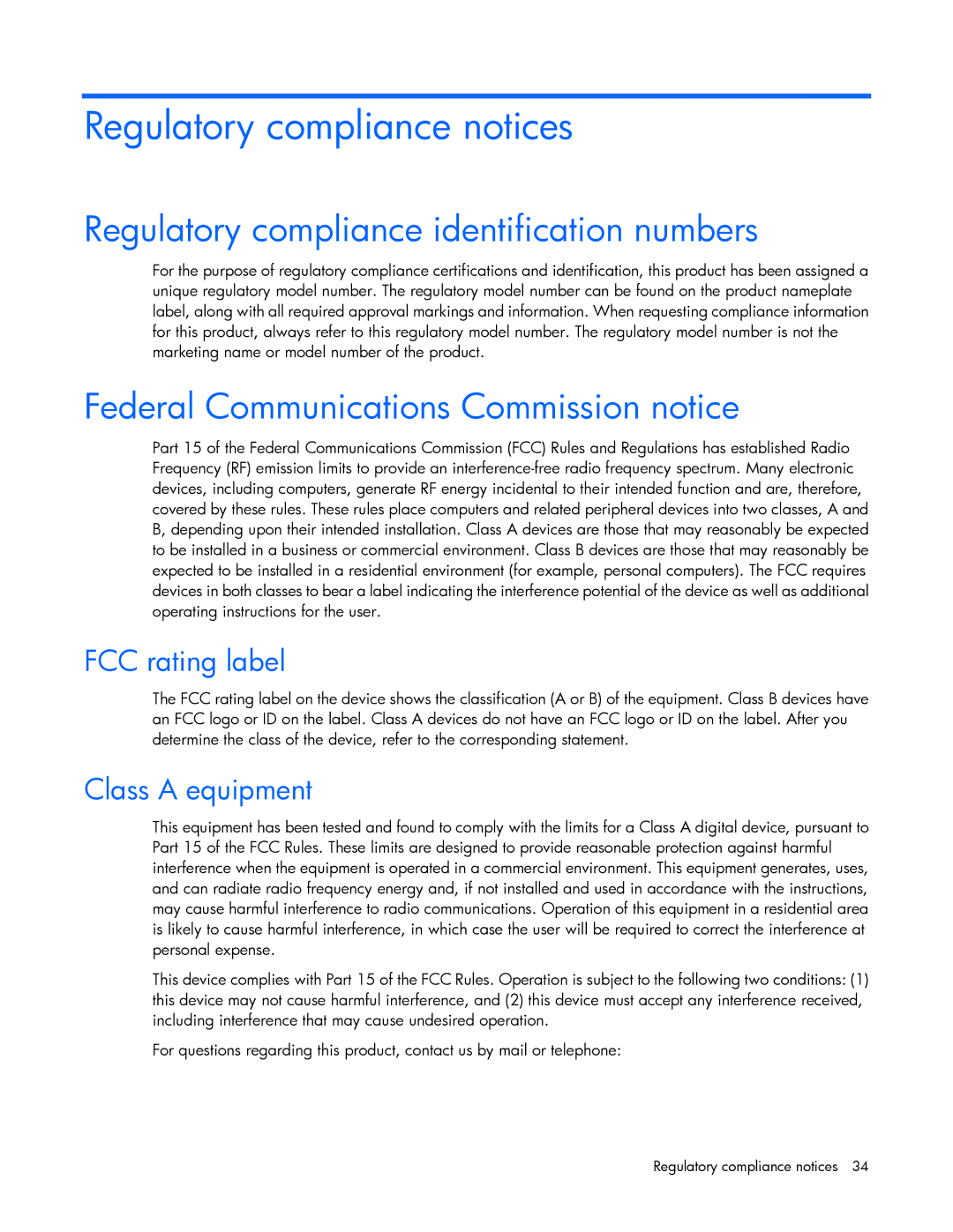 HP 600 Regulatory compliance notices, Regulatory compliance identification numbers, FCC rating label, Class a equipment 