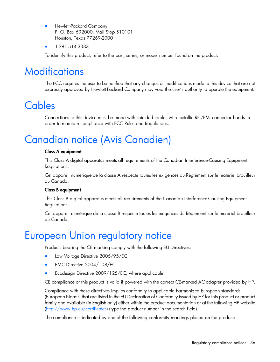 HP 600 manual Modifications, Cables, Canadian notice Avis Canadien, European Union regulatory notice 