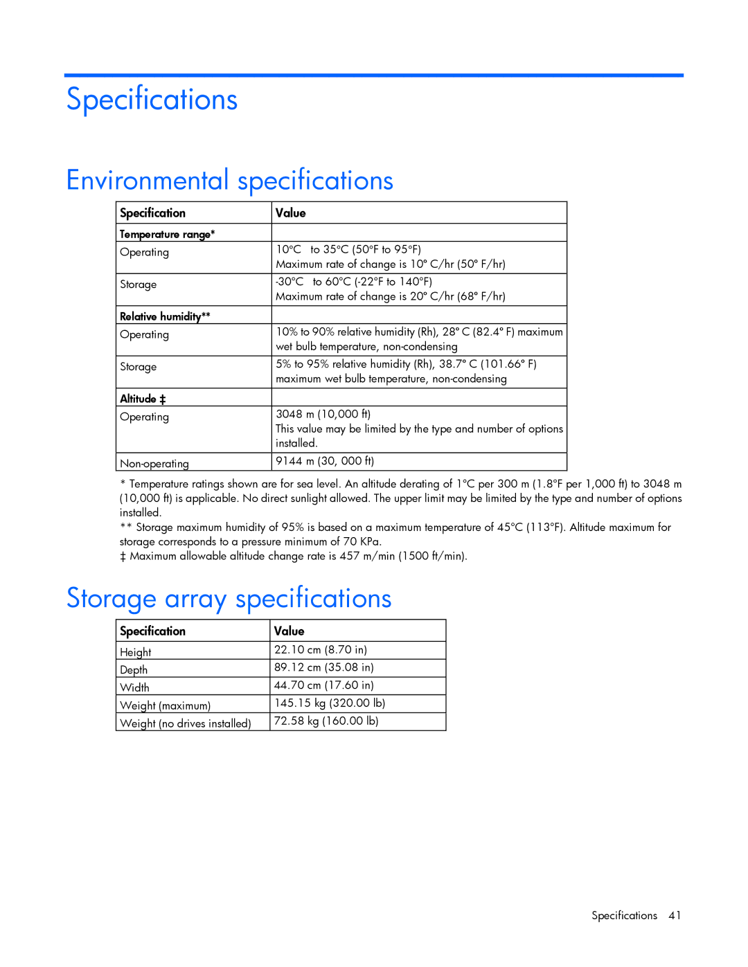 HP 600 manual Specifications, Environmental specifications, Storage array specifications 