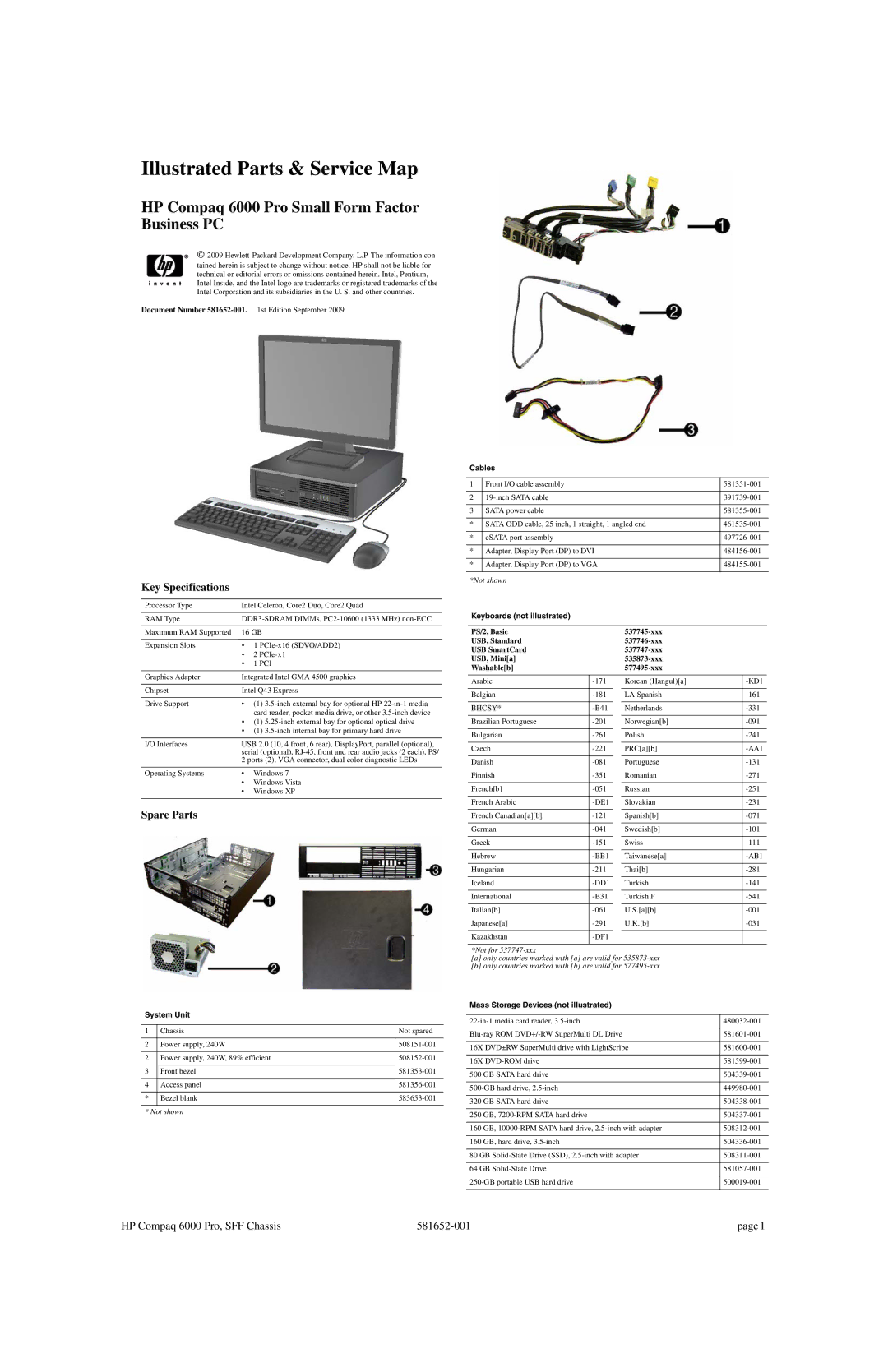 HP 6000 Pro manual Key Specifications, Spare Parts 