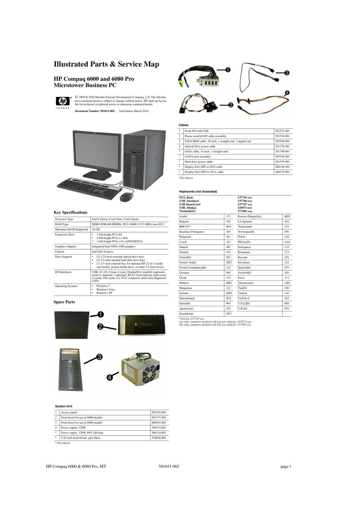 HP 6000 Pro manual Key Specifications, Spare Parts, System Unit, Cables, Keyboards not illustrated 