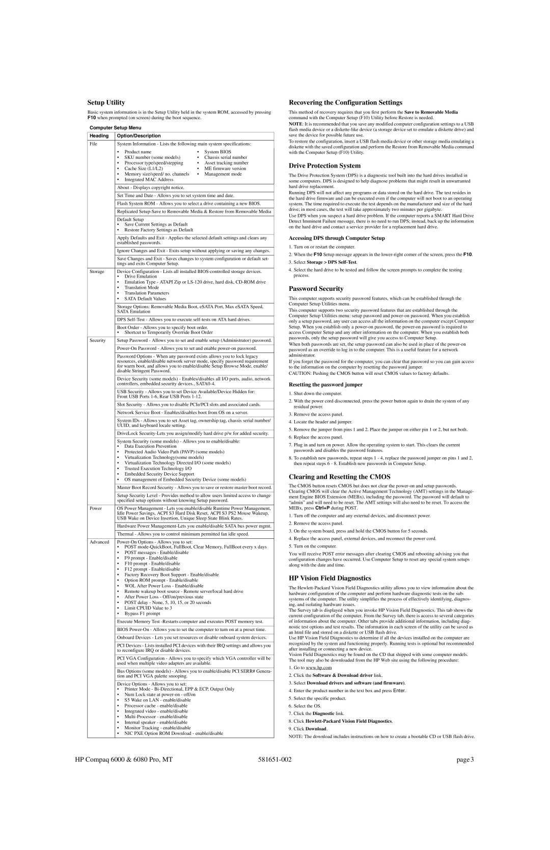 HP 6000 Pro manual Setup Utility, Recovering the Configuration Settings, Drive Protection System, Password Security 