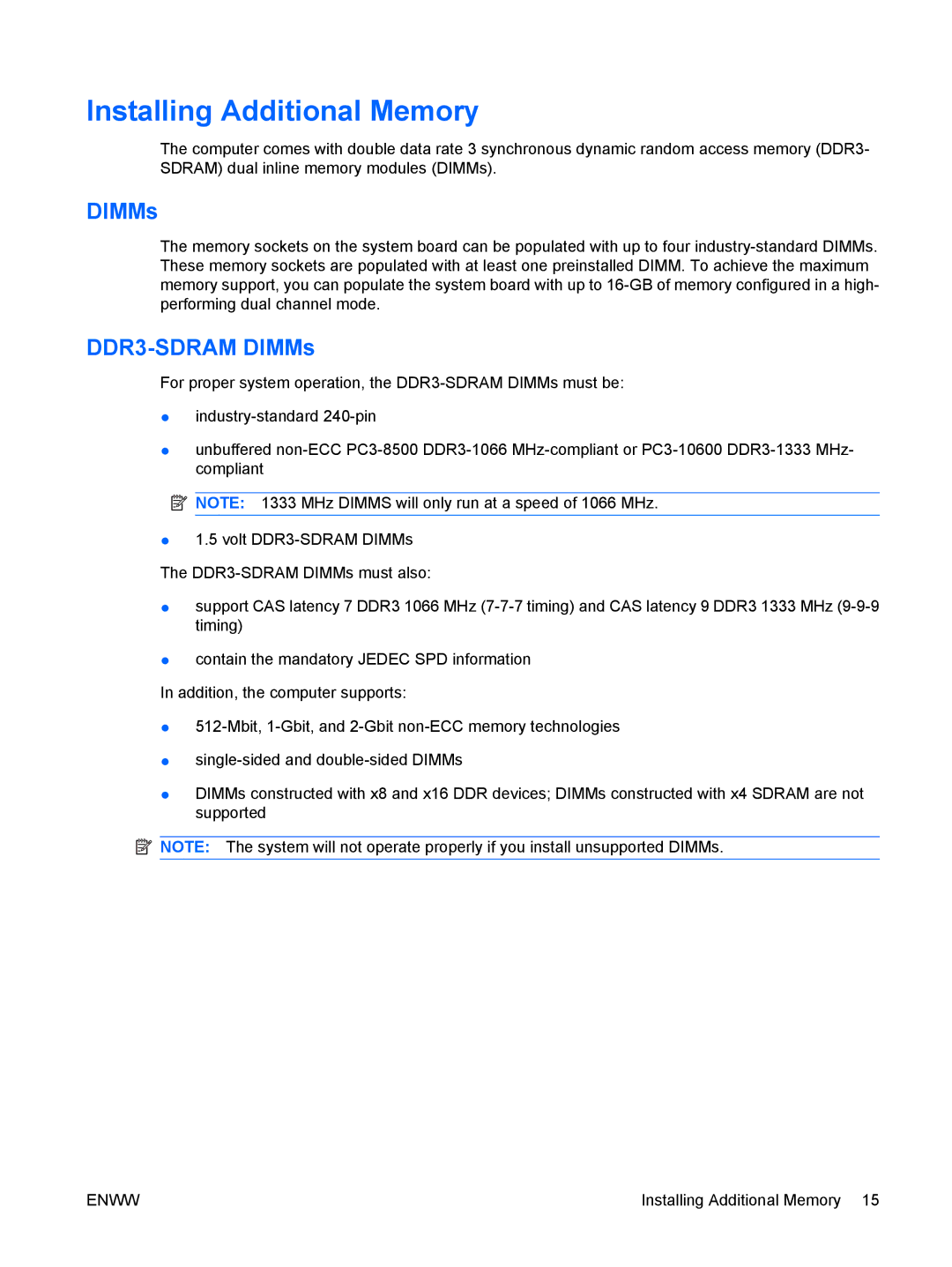 HP 6000 Pro manual Installing Additional Memory, DDR3-SDRAM DIMMs 