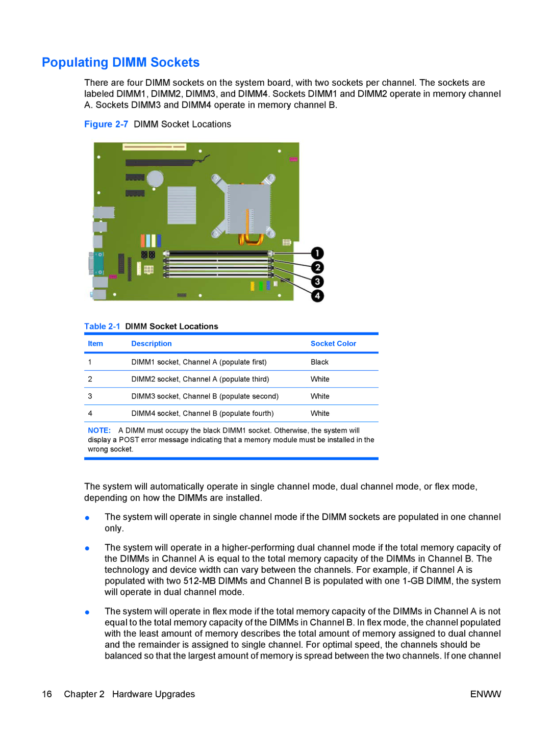 HP 6000 Pro manual Populating Dimm Sockets, 1DIMM Socket Locations 