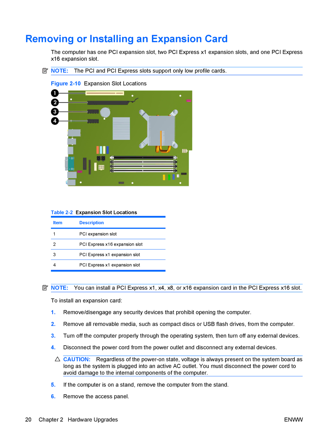 HP 6000 Pro manual Removing or Installing an Expansion Card, 2Expansion Slot Locations 