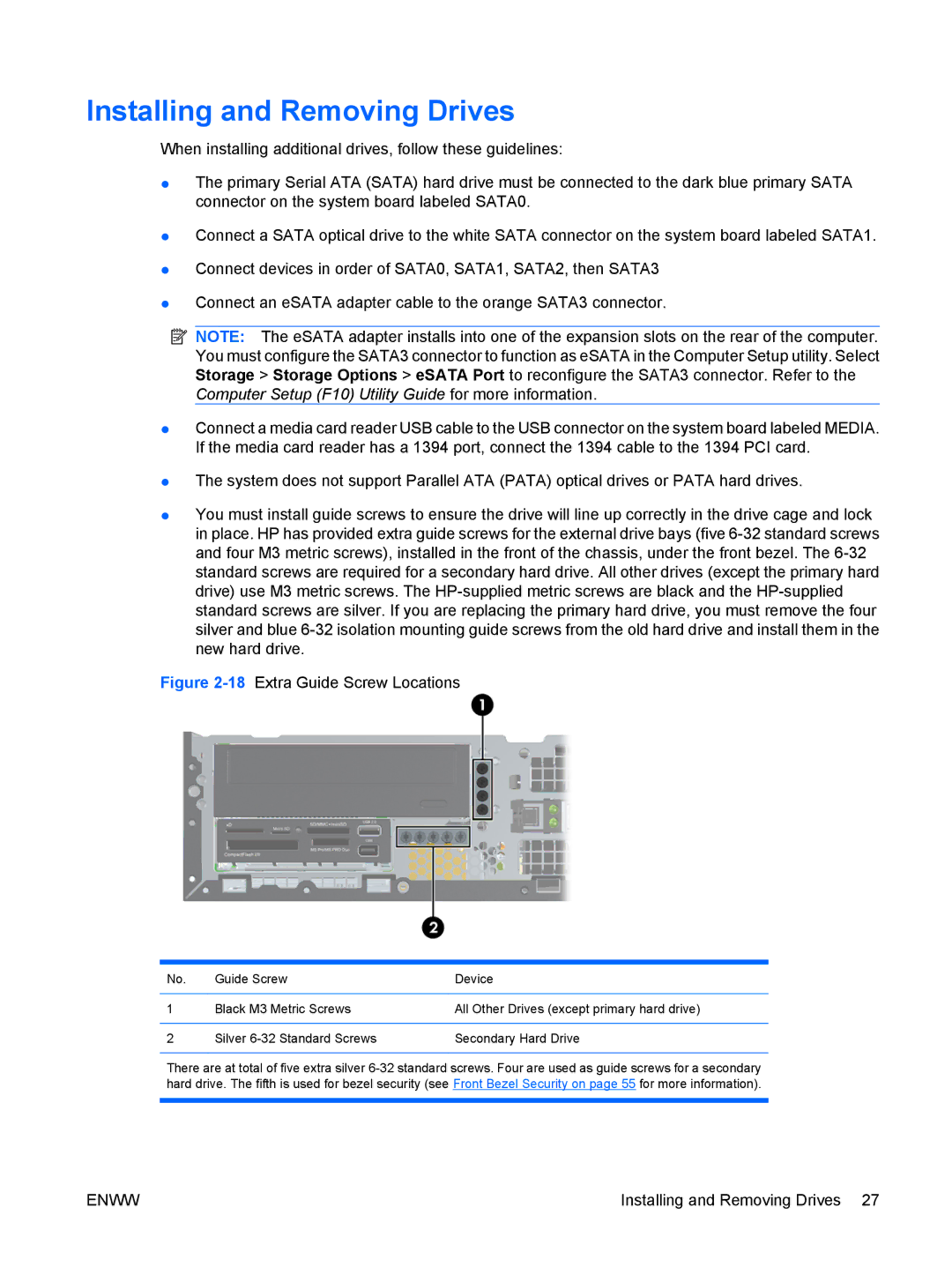 HP 6000 Pro manual Installing and Removing Drives, 18Extra Guide Screw Locations 