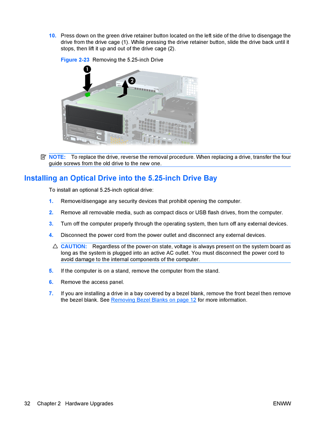 HP 6000 Pro manual Installing an Optical Drive into the 5.25-inch Drive Bay, 23Removing the 5.25-inch Drive 