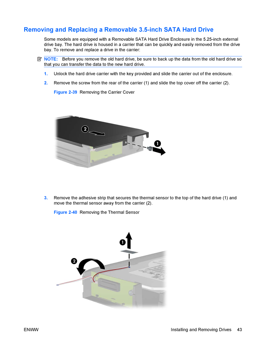 HP 6000 Pro manual Removing and Replacing a Removable 3.5-inch Sata Hard Drive, 40Removing the Thermal Sensor 