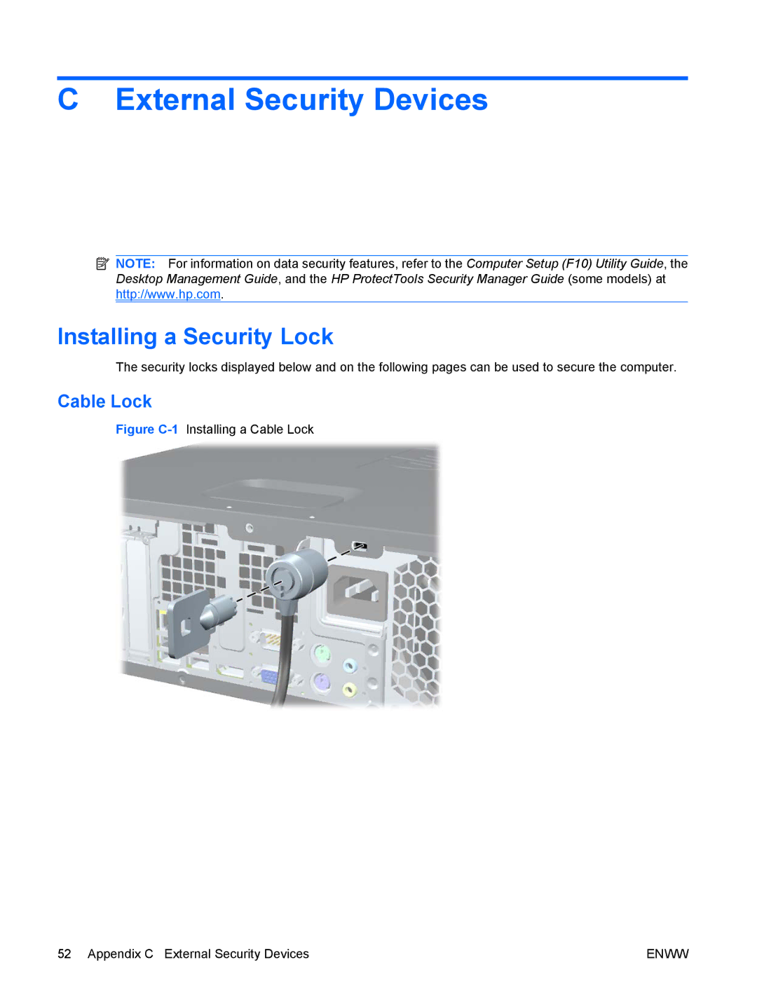 HP 6000 Pro manual External Security Devices, Installing a Security Lock, Cable Lock 