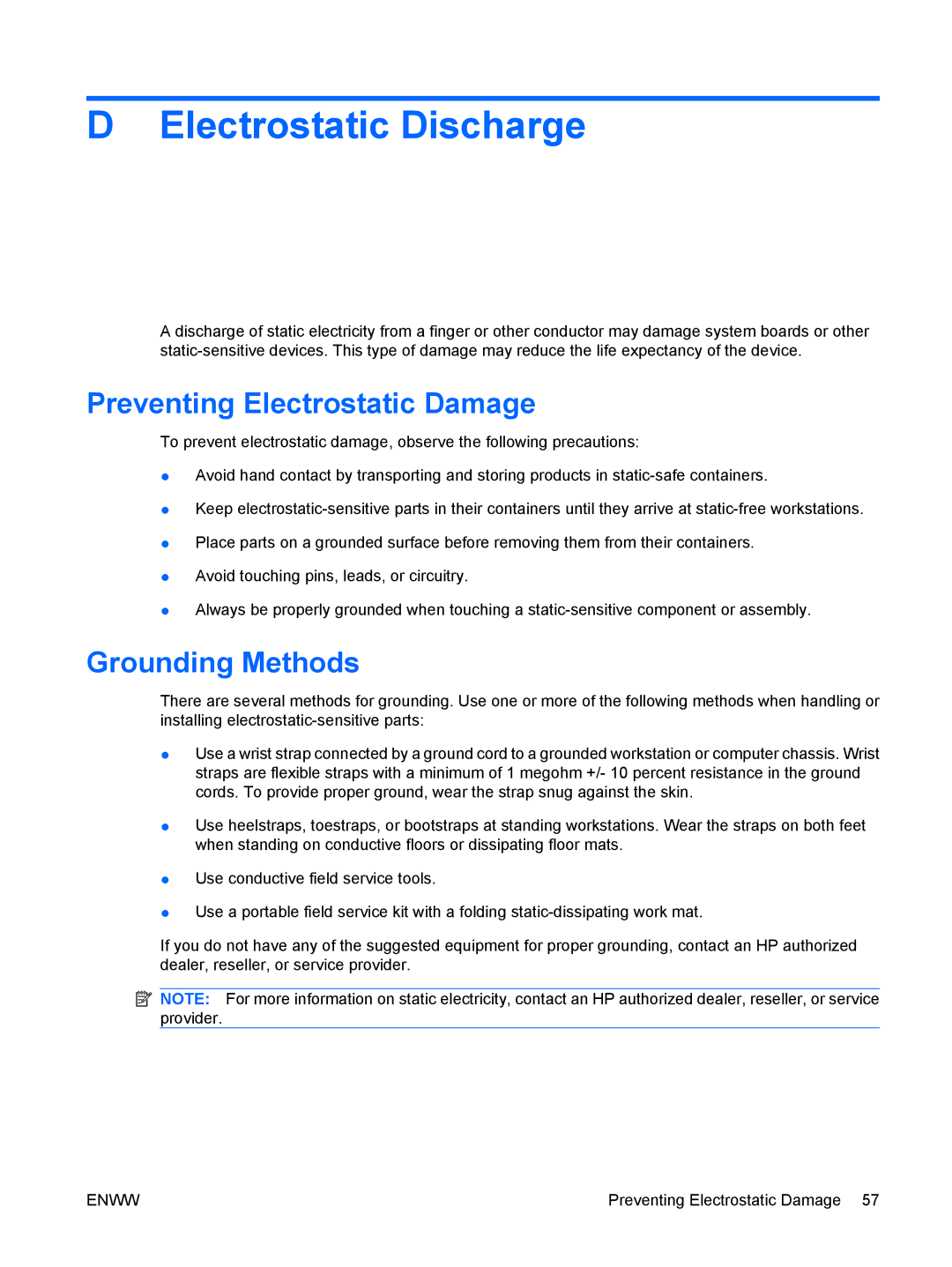 HP 6000 Pro manual Electrostatic Discharge, Preventing Electrostatic Damage, Grounding Methods 