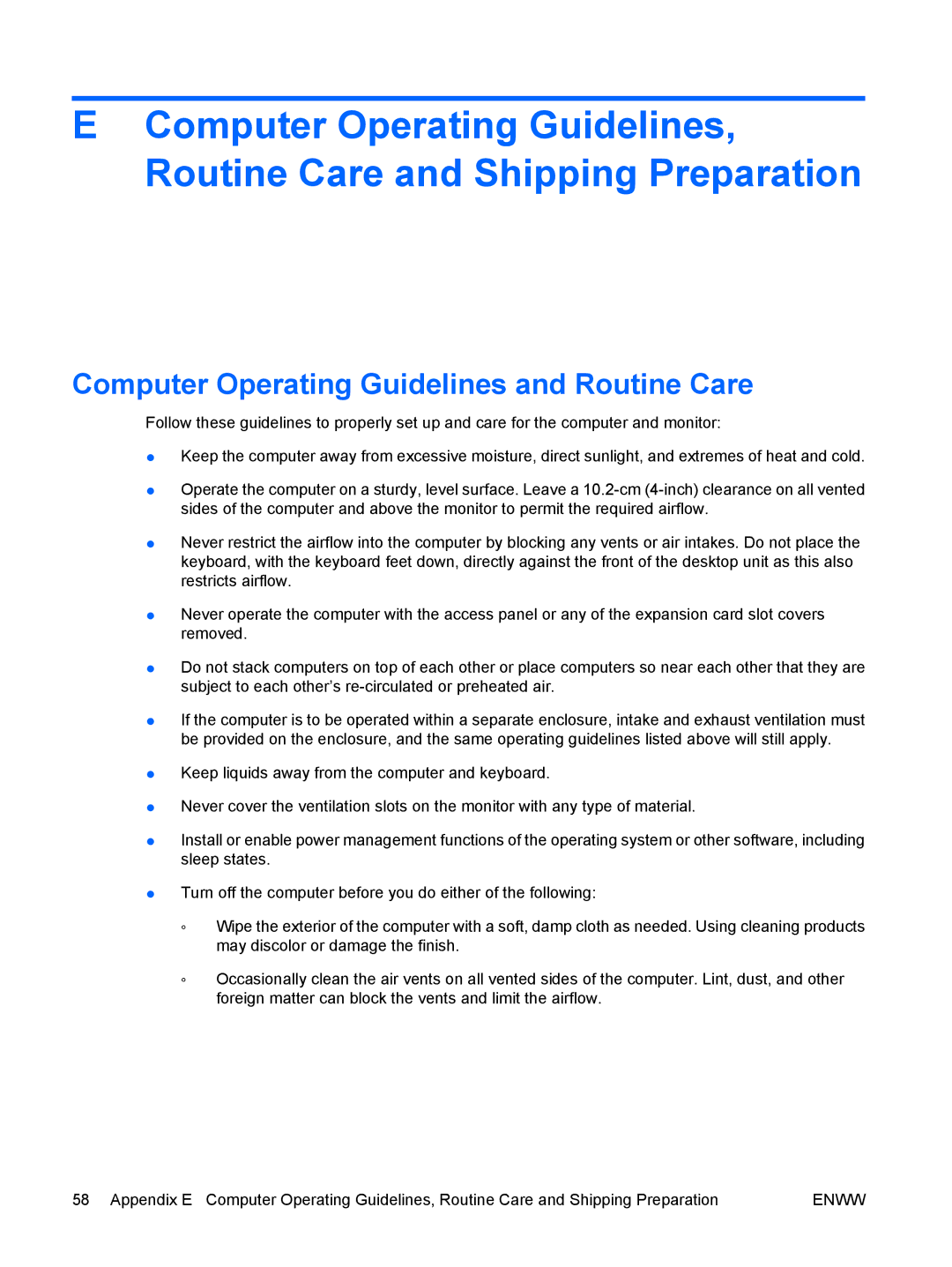 HP 6000 Pro manual Computer Operating Guidelines and Routine Care 