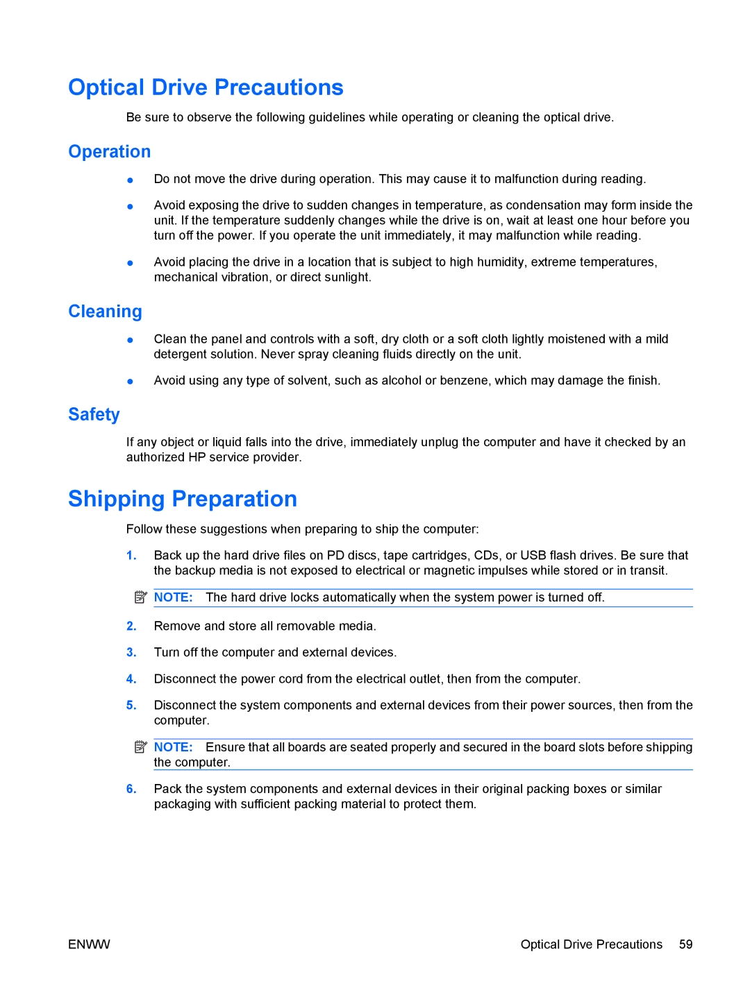 HP 6000 Pro manual Optical Drive Precautions, Shipping Preparation, Operation, Cleaning, Safety 