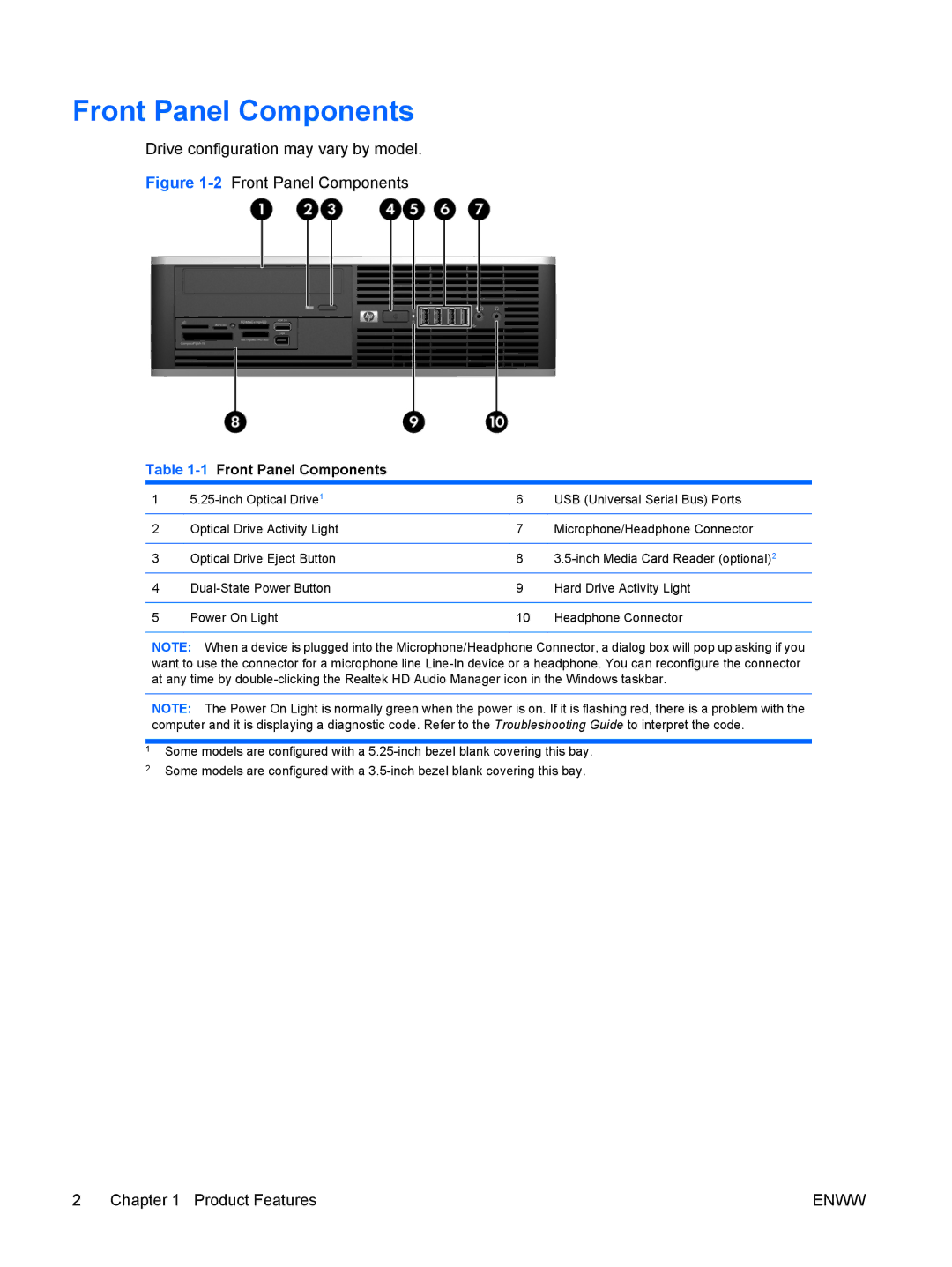 HP 6000 Pro manual 1Front Panel Components 